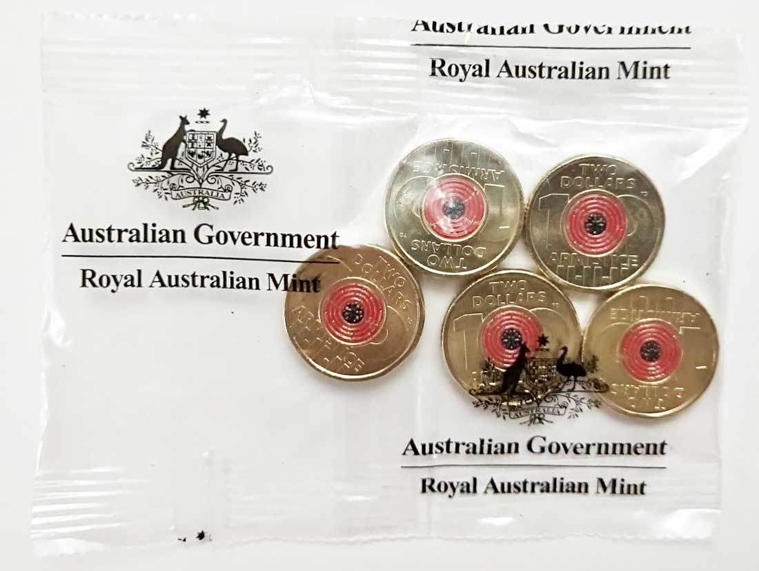 Coins Australia - 2018 $2 AlBr Coin - Remembrance Day - Armistice Centenary - 5 coins ...