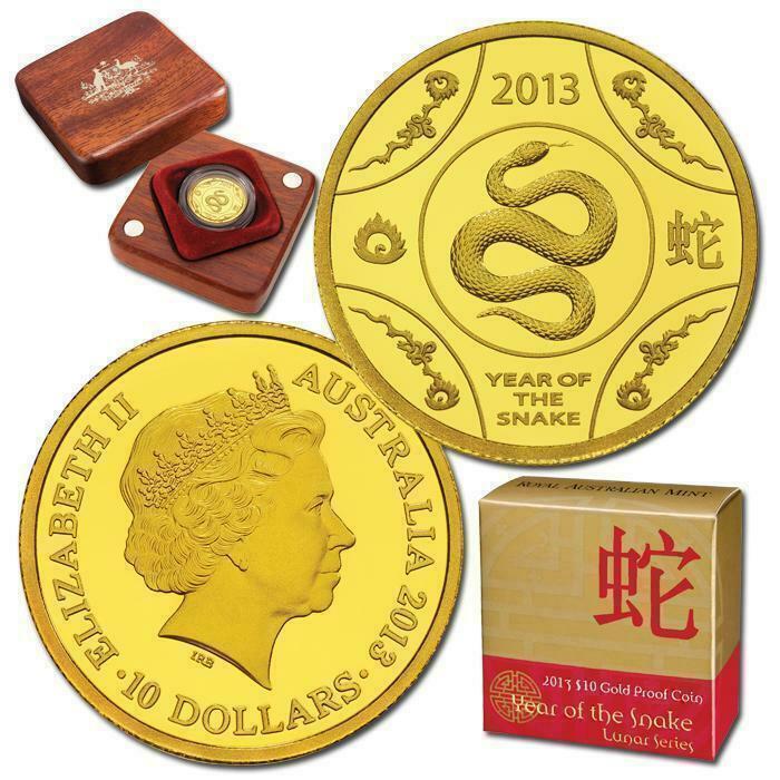 2013 The year of SNAKE Schlange PROOF Color 1/10 Oz Gold Australia 15$ COA BOX 